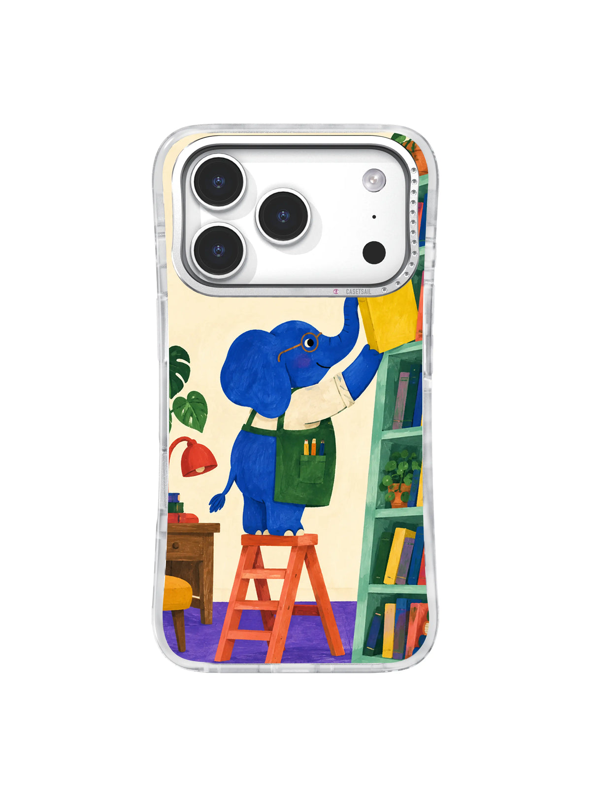 Yellow Book Open Slot artwork on iPhone 17 Pro transparent case