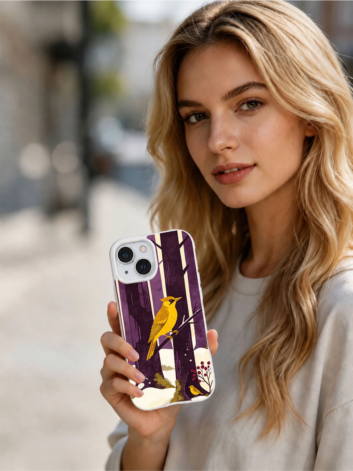 Yellow Woodpecker Rhythm iPhone 13 case shown in an outdoor lifestyle scene