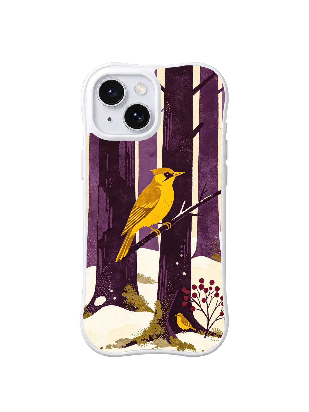 White iPhone 13 case with mustard-yellow woodpecker, aubergine trunks and snowy forest folk art pattern 1