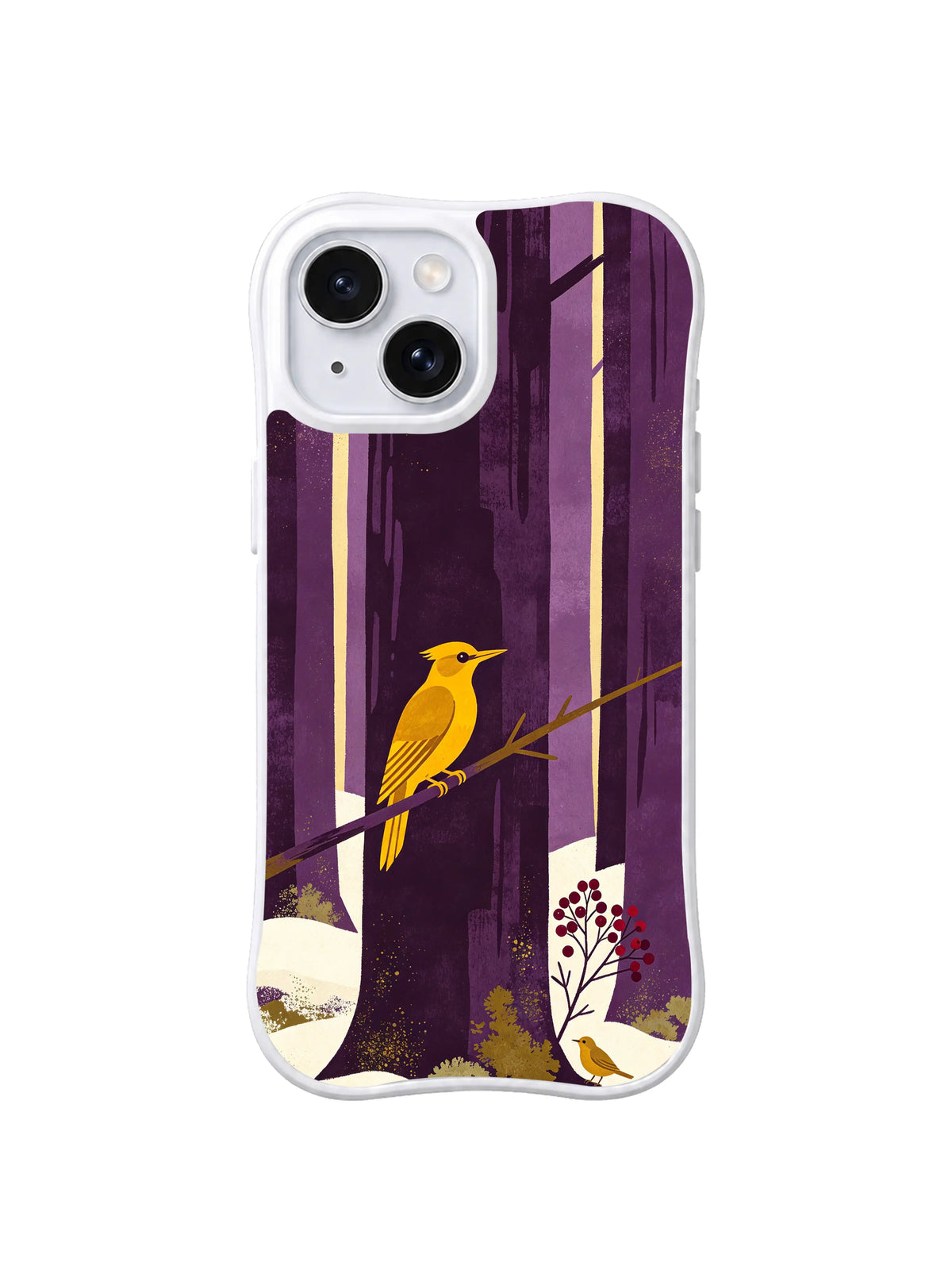 White iPhone 13 case with yellow woodpecker on diagonal branch and purple woodland folk art pattern 2
