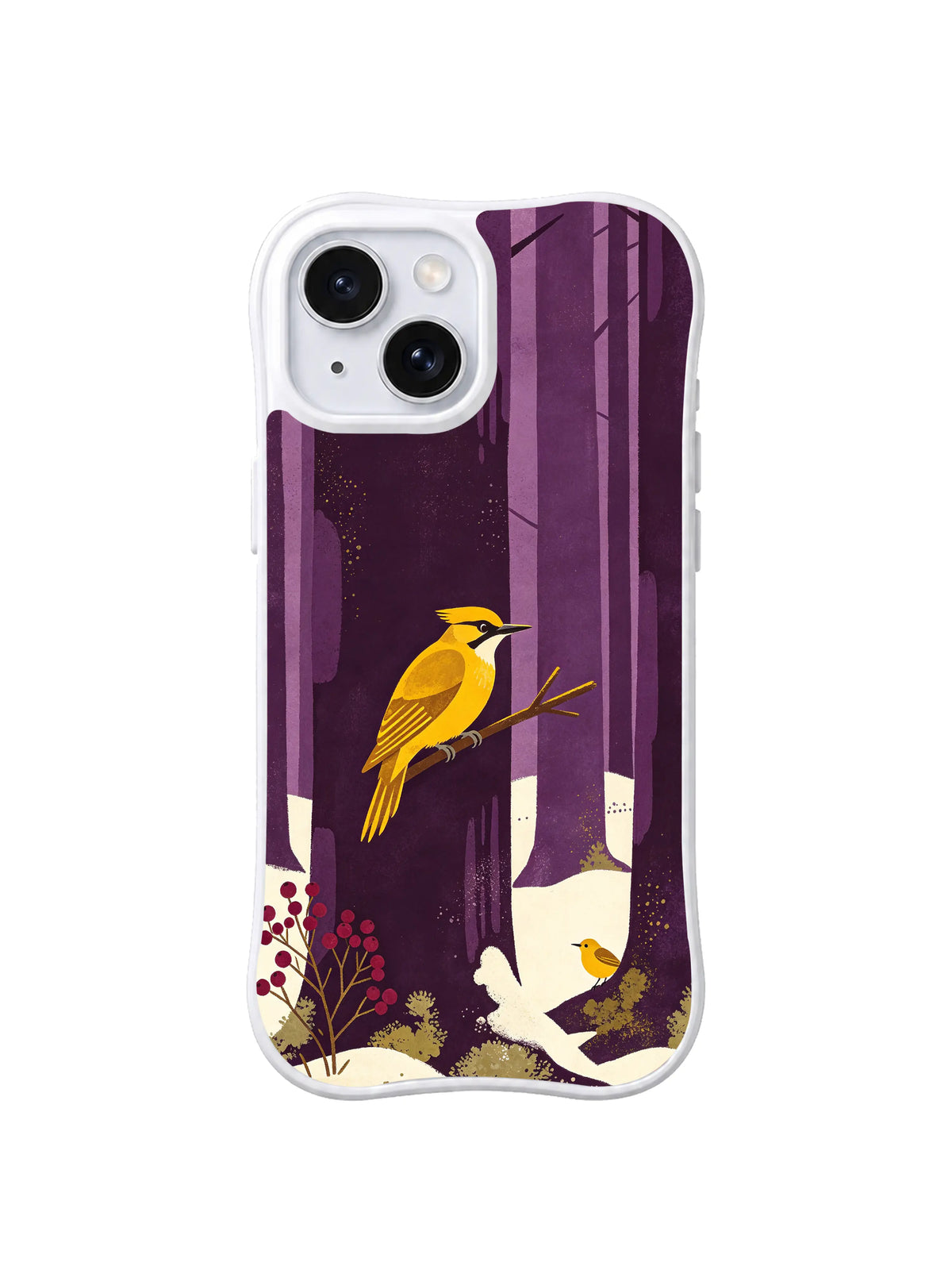 White iPhone 13 case with geometric yellow bird, berry shrub and winter trees folk art pattern 3