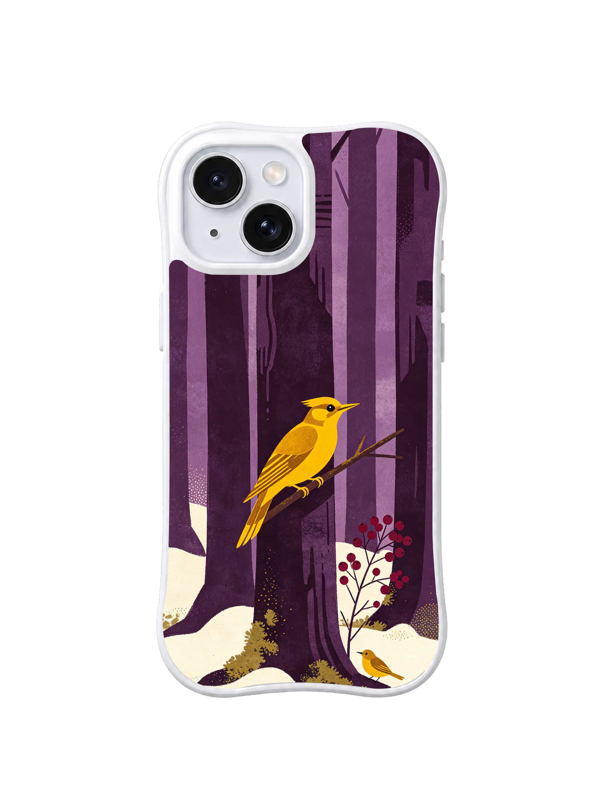 White iPhone 13 case with mustard woodpecker, deep red berries and aubergine trunks folk art pattern 4