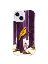 White iPhone 13 case with bright woodpecker, ivory snow and mossy tree roots folk art pattern 5