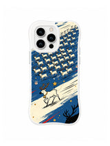 Young Reindeer and Winter Herd pattern on a white iPhone 14 Pro case with a lead reindeer below a diagonal herd, cobalt blue brushwork, ivory snow bands and a gold star marker