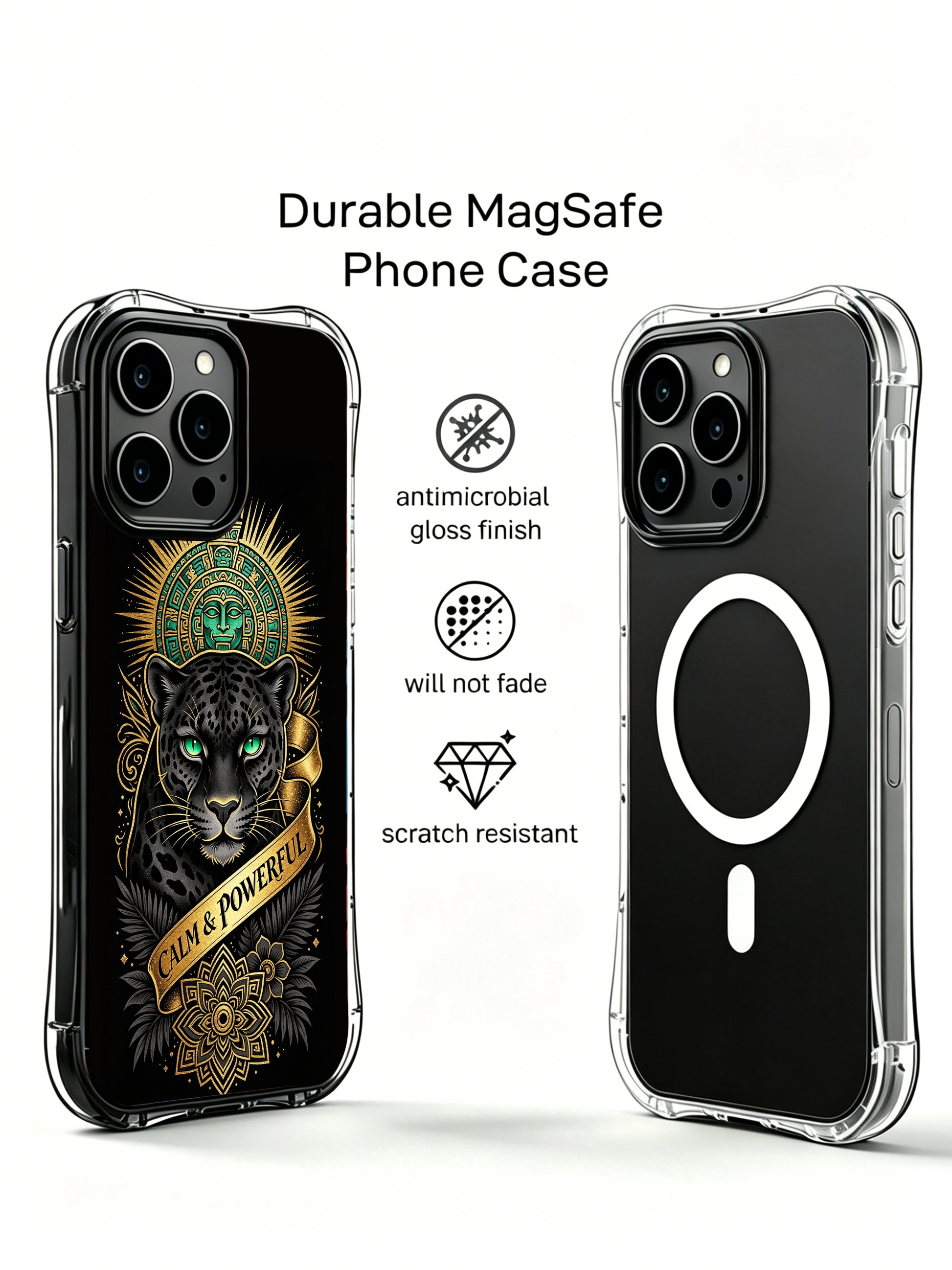 Yucatan midnight rainforest jaguar PhoneCasing, artistic iPhone 14 Plus Case with tropical fern detail, scratch resistant durable iPhone 14 Plus casing.