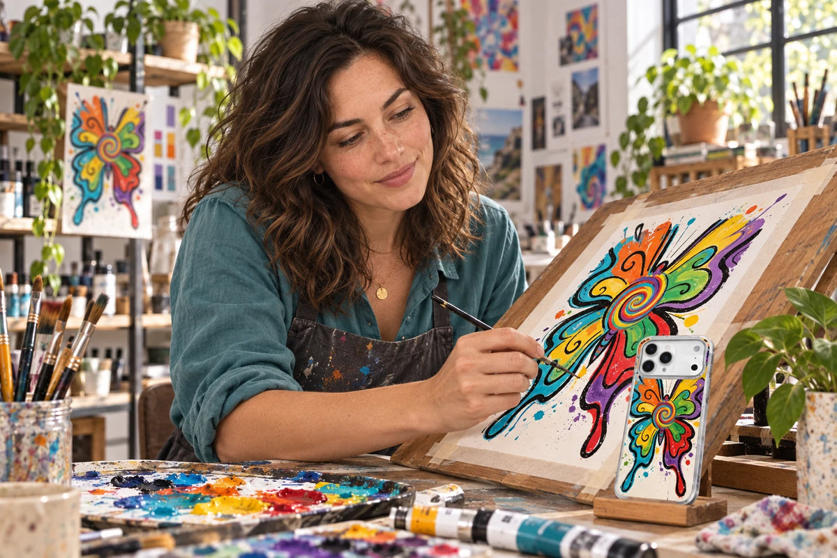 Zara Kivell AI artist persona creating Butterfly Pulse artwork beside the matching phone case in her studio.