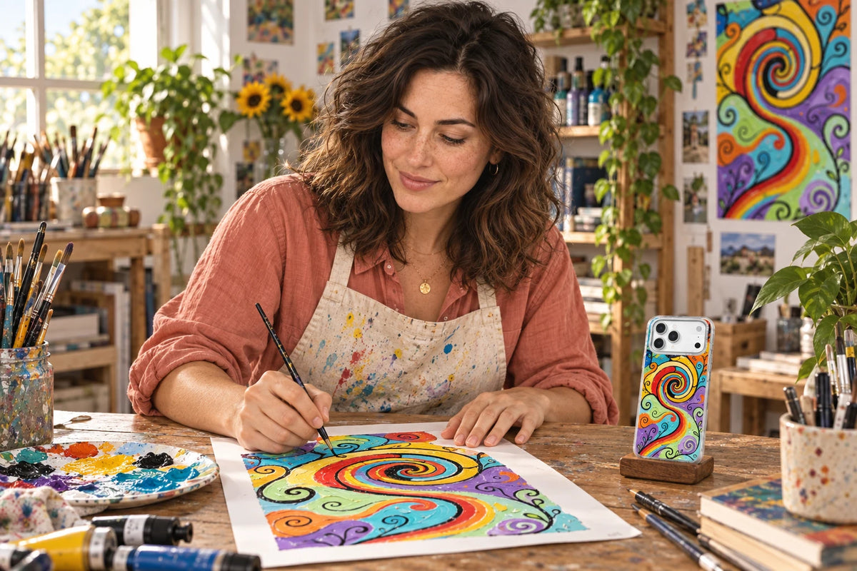 Zara Kivell AI artist persona creating Candy Maze artwork beside the matching phone case in her studio.
