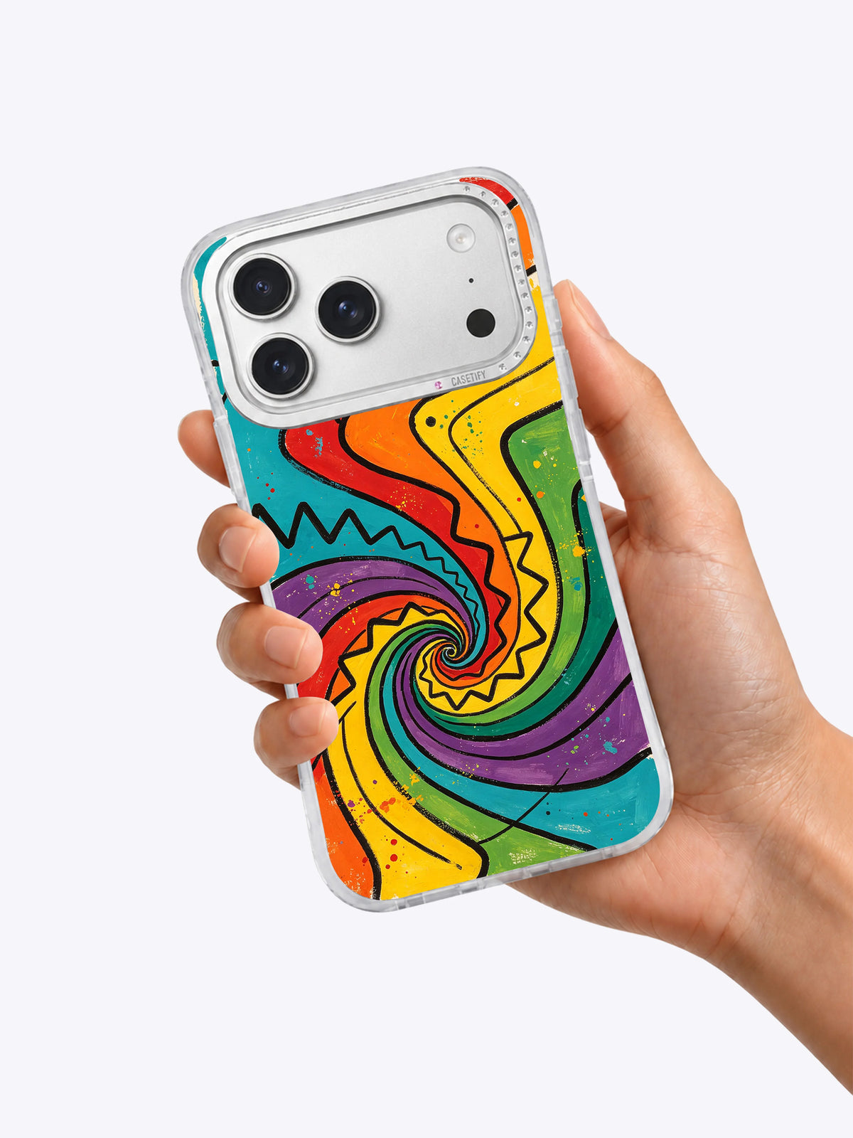 Hand holding the featured Cosmic Color Spiral case