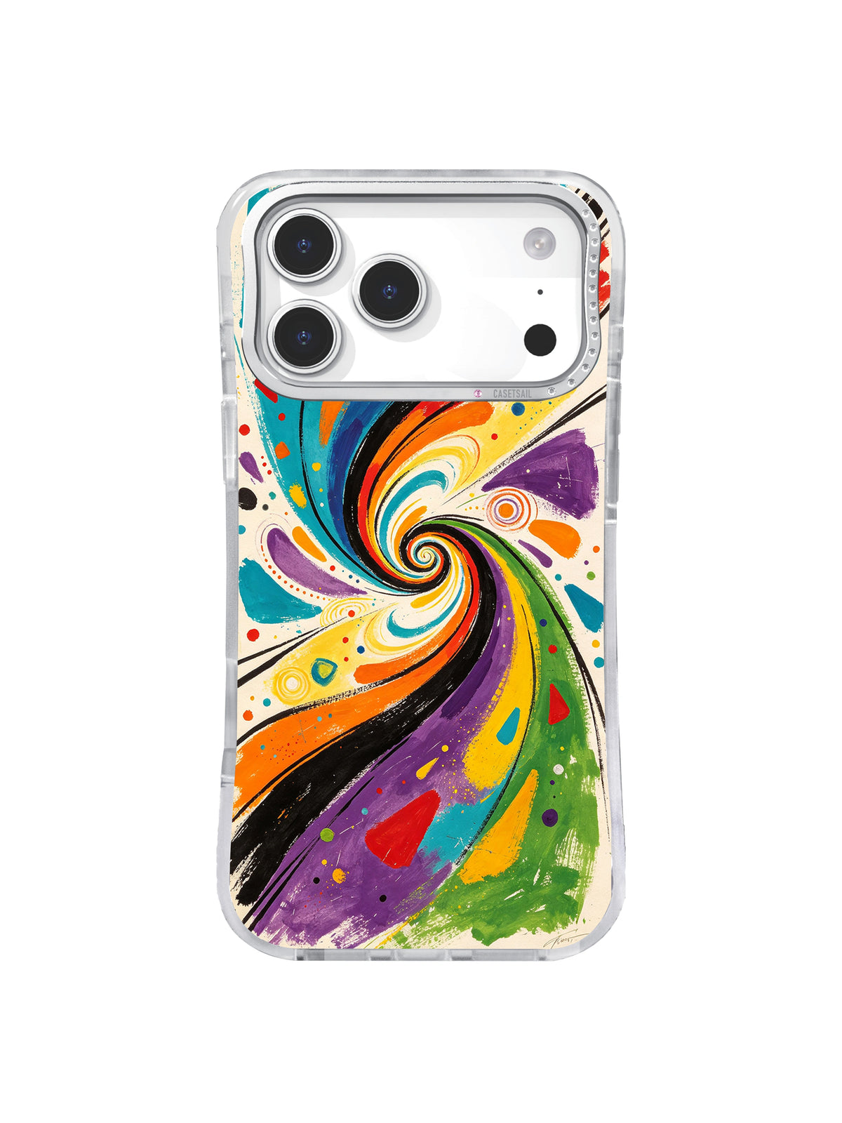 Open Galaxy Sweep: A white-centered swirl opens through loose black, orange, turquoise, yellow and purple painted strokes.