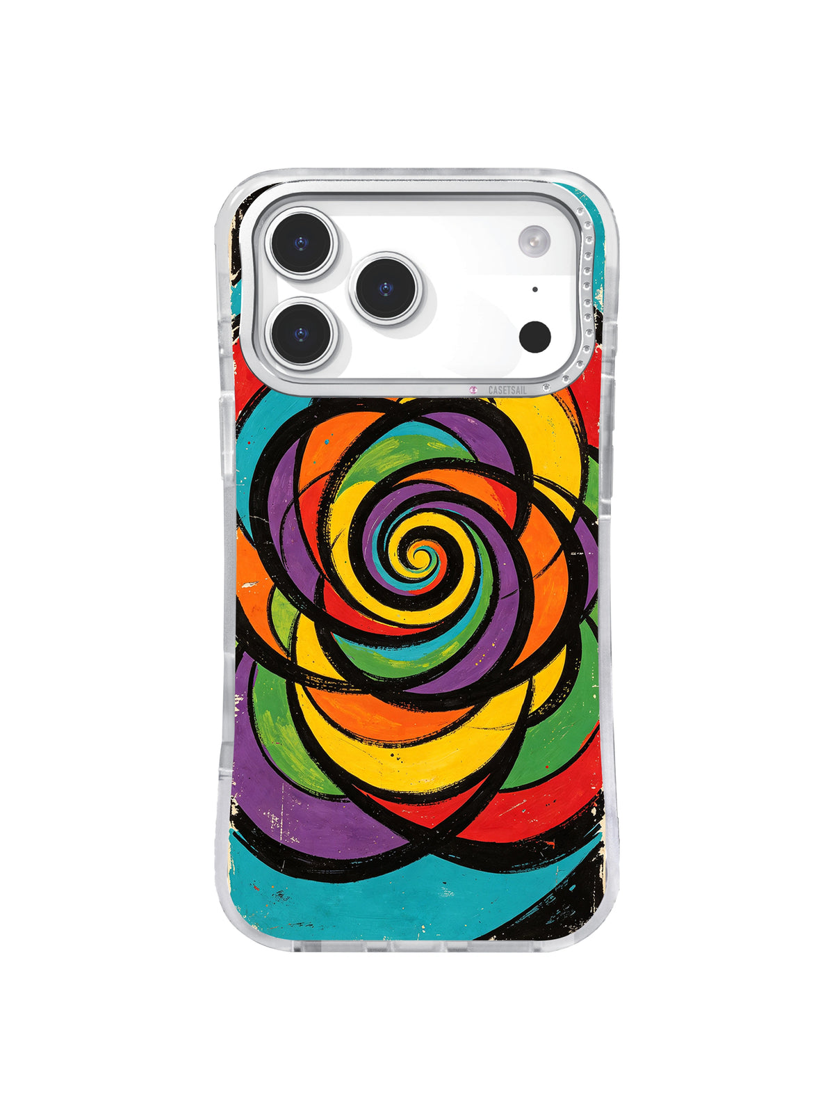 Chromatic Rose Spiral: Black curved outlines form a rose-like spiral filled with red, orange, yellow, green, blue and purple.