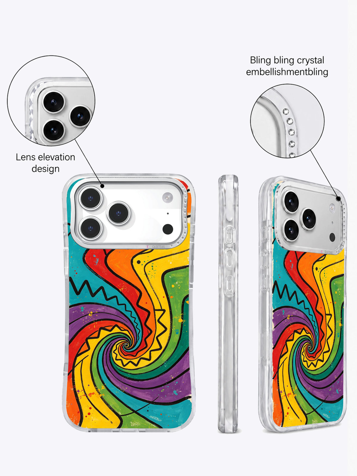 Front, side and rear views with lens-elevation and crystal-material claims