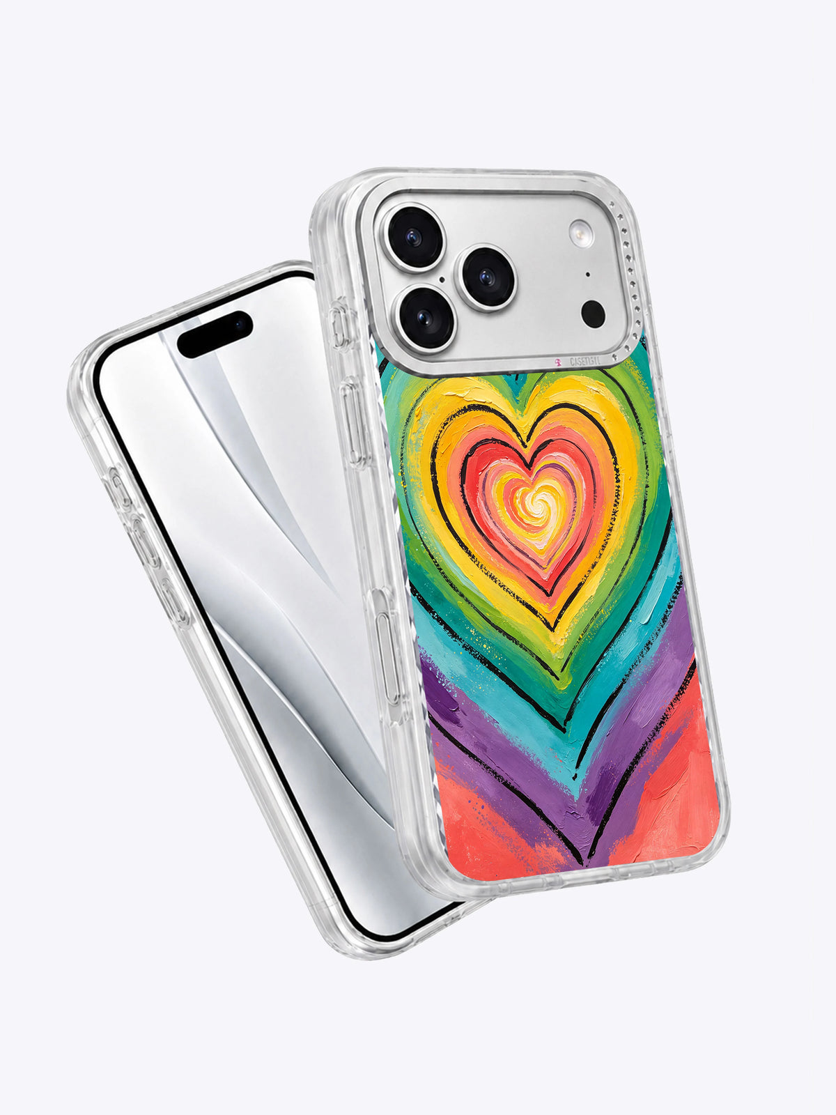 Close product view of layered rainbow heart iPhone 17 Pro Max case