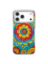 Chromatic Flower Pulse: Eş merkezli gökkuşağı yaprakları ve dalgalı şeritler parlak çiçek oluşturur.