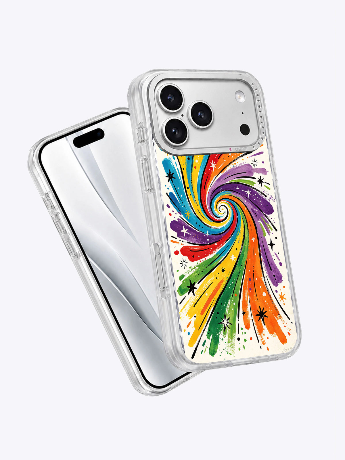 Close product view of colorful starburst iPhone 17 Pro Max case artwork