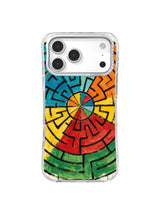 Sunwheel Maze: A circular maze divides into turquoise, orange, yellow, red and green sections around a small center wheel.