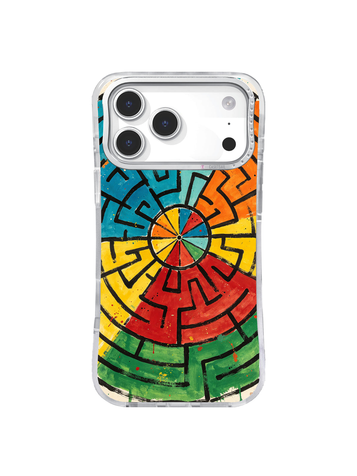 Sunwheel Maze: A circular maze divides into turquoise, orange, yellow, red and green sections around a small center wheel.