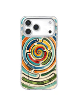 Watercolor Spiral Maze: A loose multicolor spiral maze uses turquoise, orange, yellow and green brush-like bands.