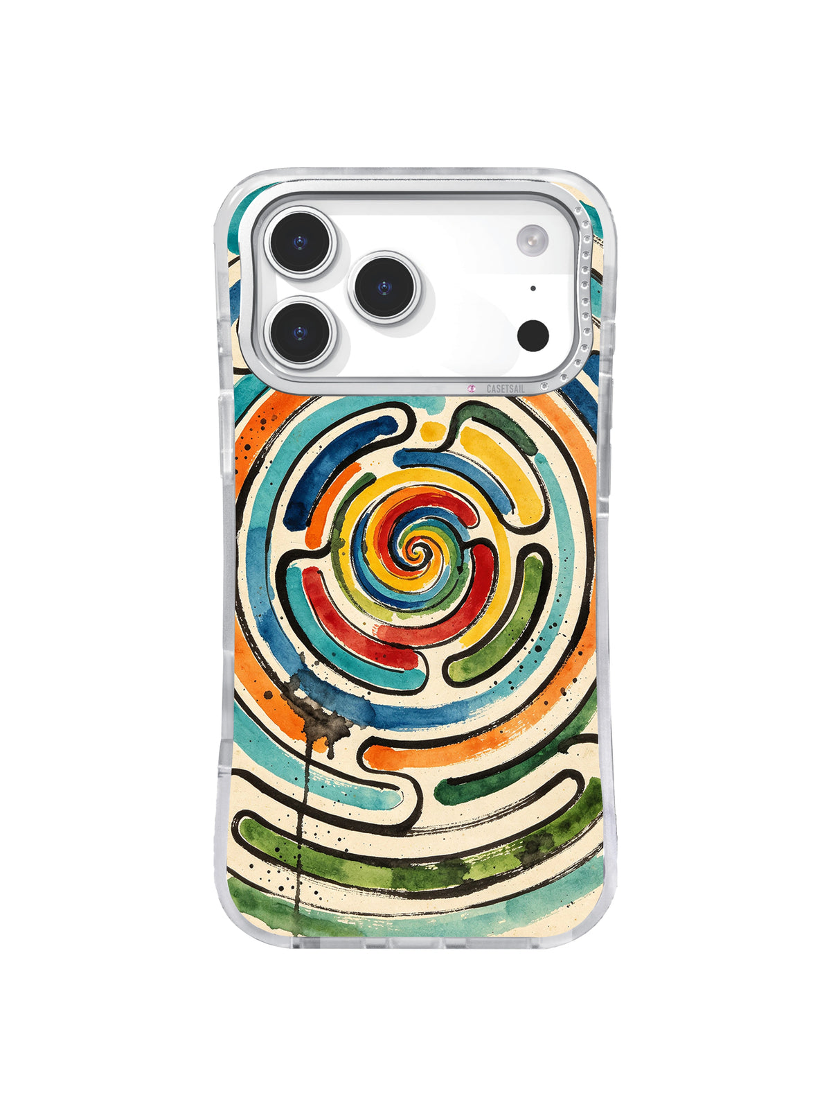 Watercolor Spiral Maze: A loose multicolor spiral maze uses turquoise, orange, yellow and green brush-like bands.