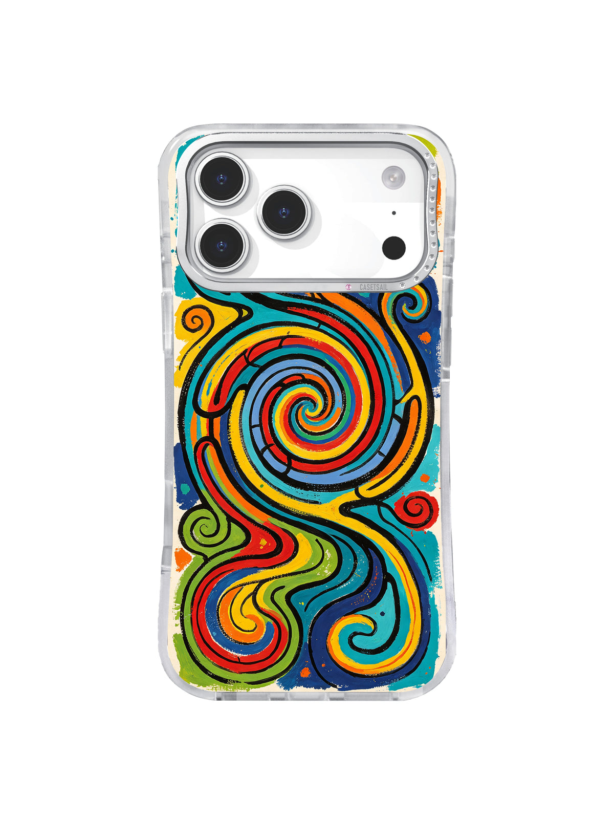 Triple Current Maze: Three connected spiral currents curve through red, orange, yellow, turquoise and blue lines.