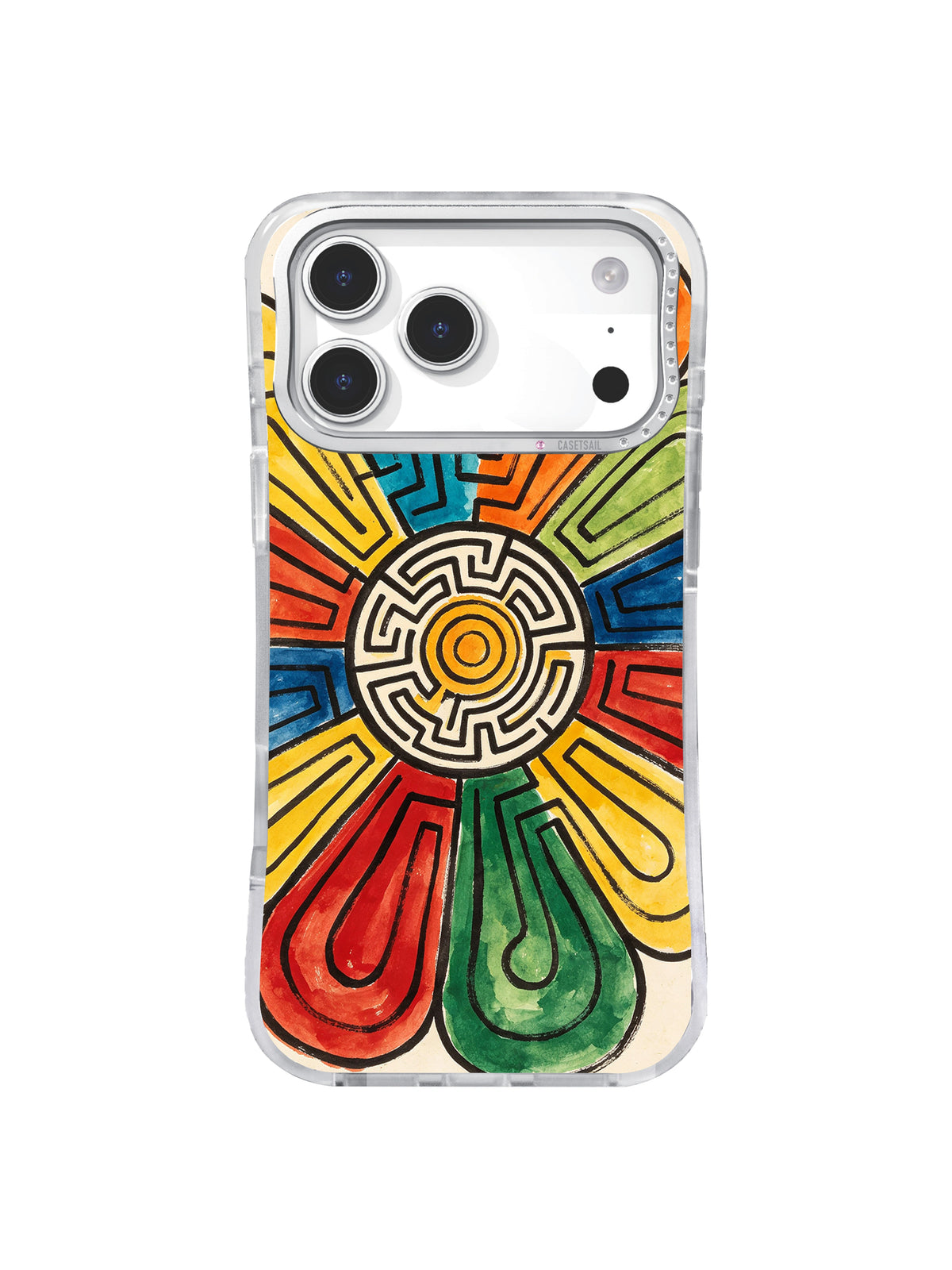 Radiant Core Maze: A small black-and-white maze radiates into red, yellow, green and orange petal-like paths.