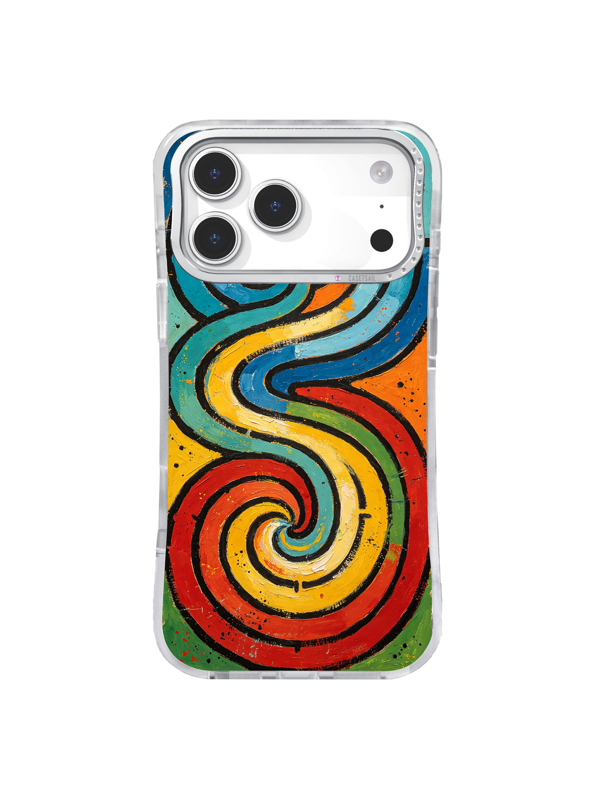 Twin Spiral Passage: Two large opposing spirals connect through thick turquoise, yellow, orange and red paths.