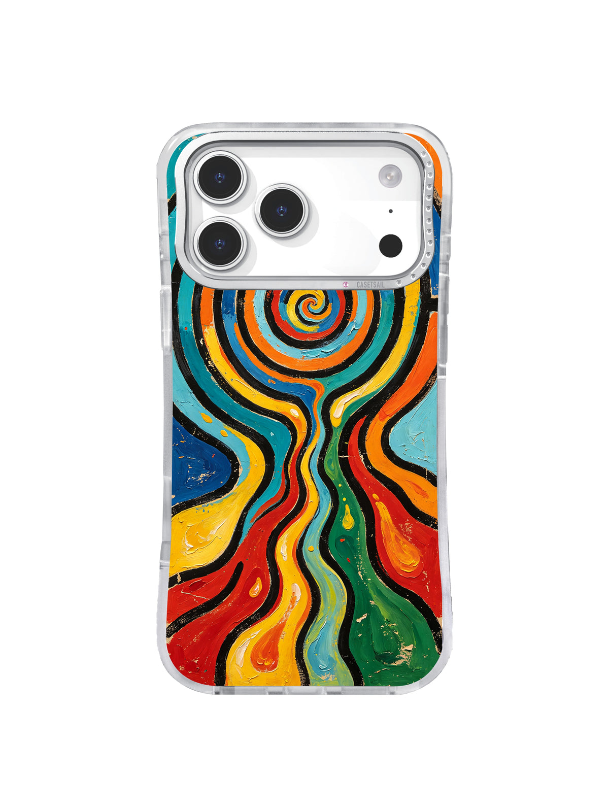 Flowing Maze River: Long vertical maze lines flow around a small top spiral in blue, green, orange, red and yellow.