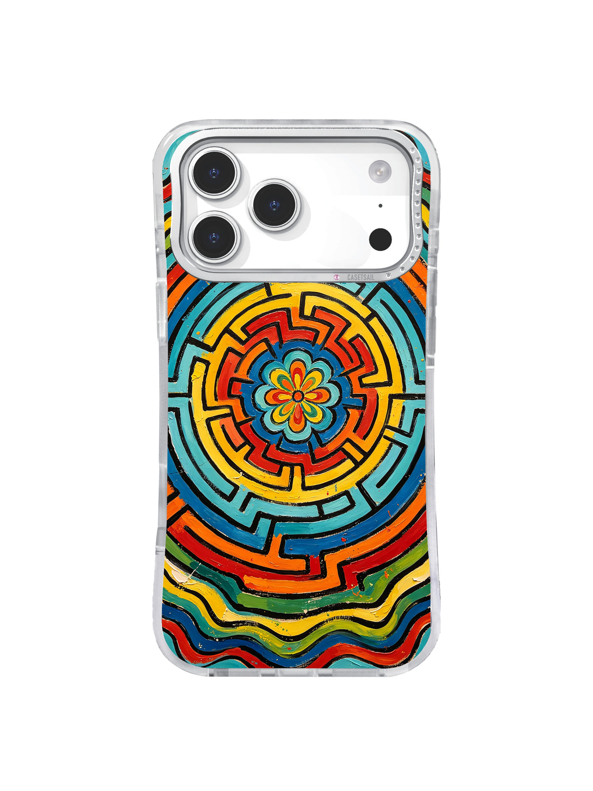 Flower Core Labyrinth: A flower-shaped center sits inside a circular turquoise, yellow, orange and red labyrinth.