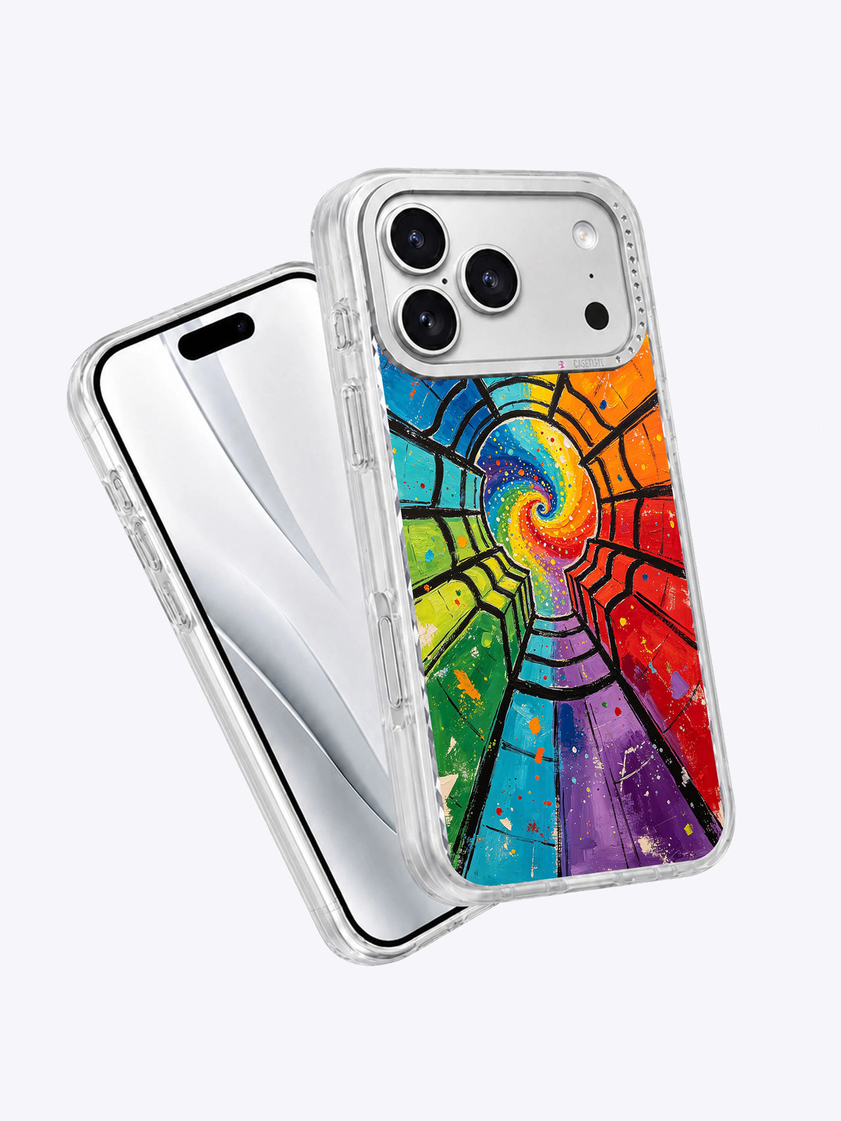 Close product view of colorful spiral portal iPhone 17 Pro Max case