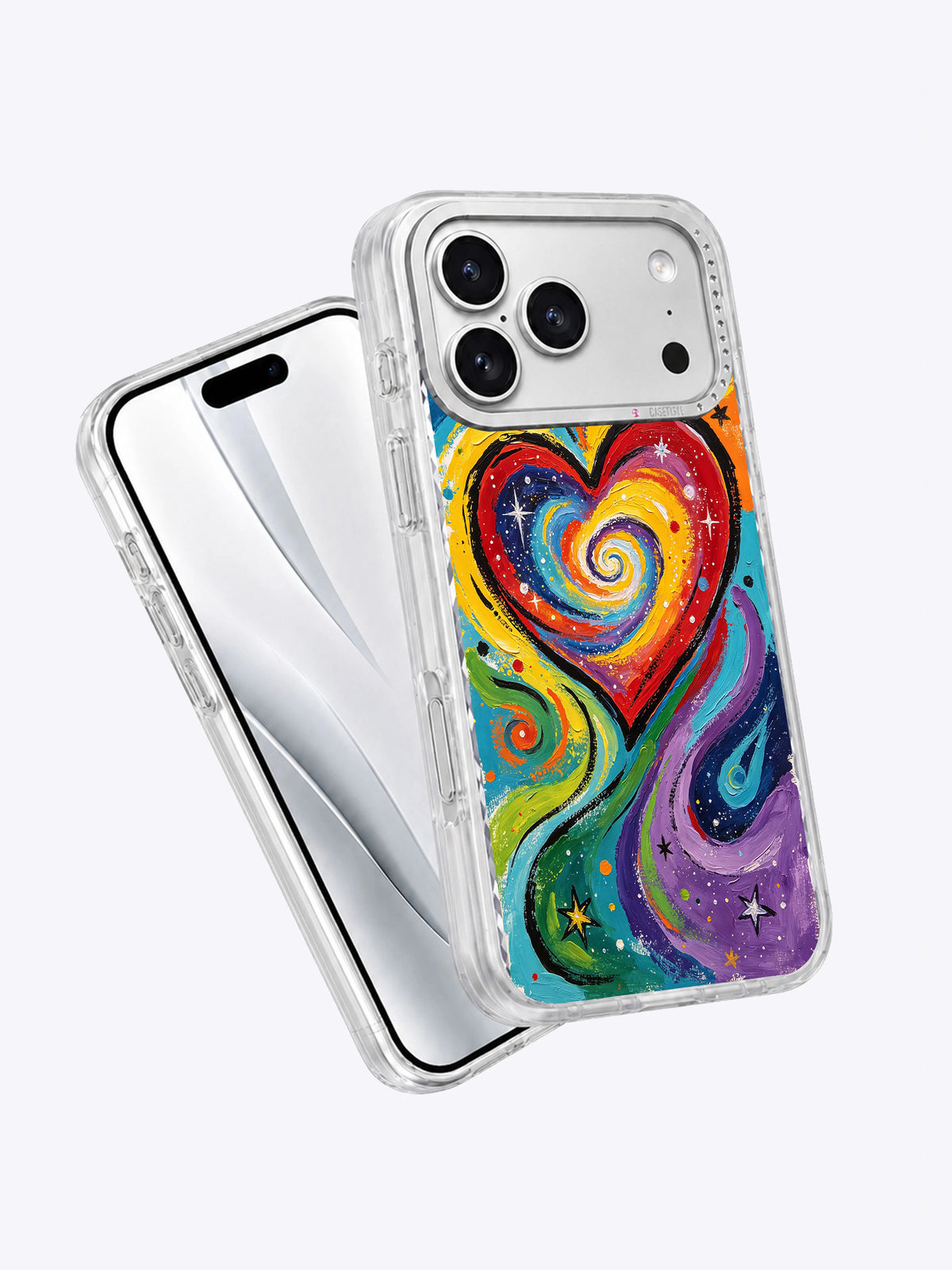 Close product view of rainbow heart art iPhone 17 Pro Max case