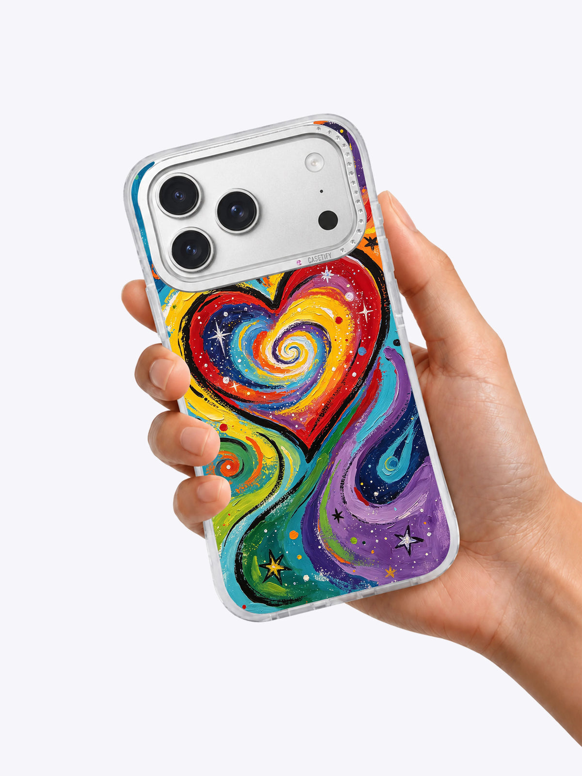 Zara Kivell rainbow heart iPhone 17 Pro Max case lifestyle image