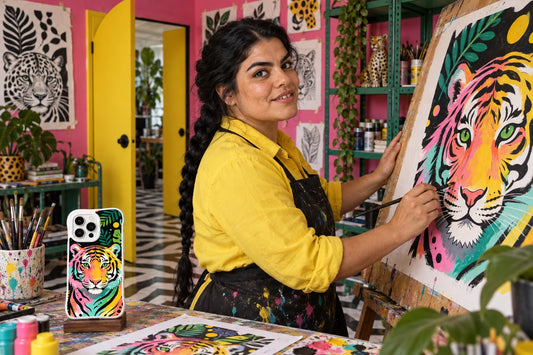 AI studio visualization of Zara Wildjoy creating phone-case artwork, with a finished case on a stand