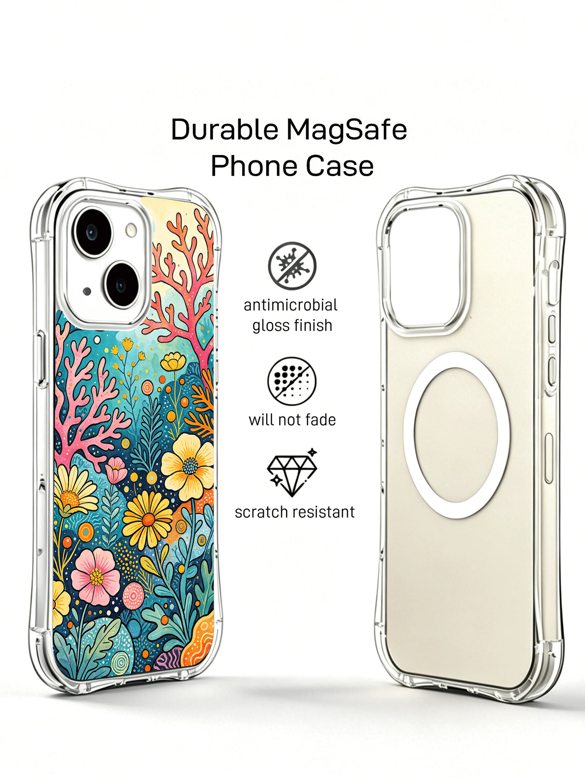 Coral Pop Meadow iPhone 15 case angled detail