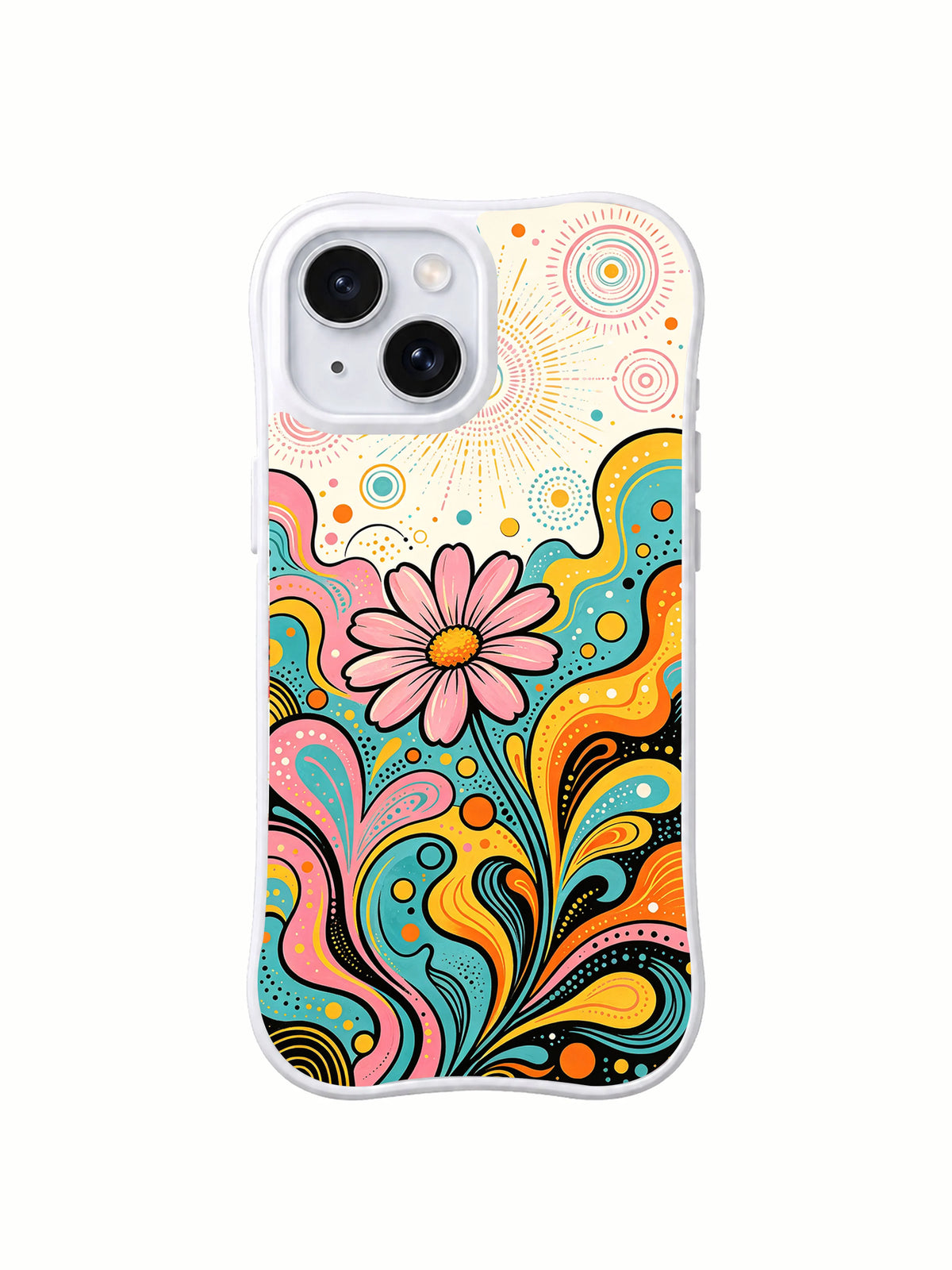 Daisy Signal Garden iPhone 15 case with colorful floral artwork