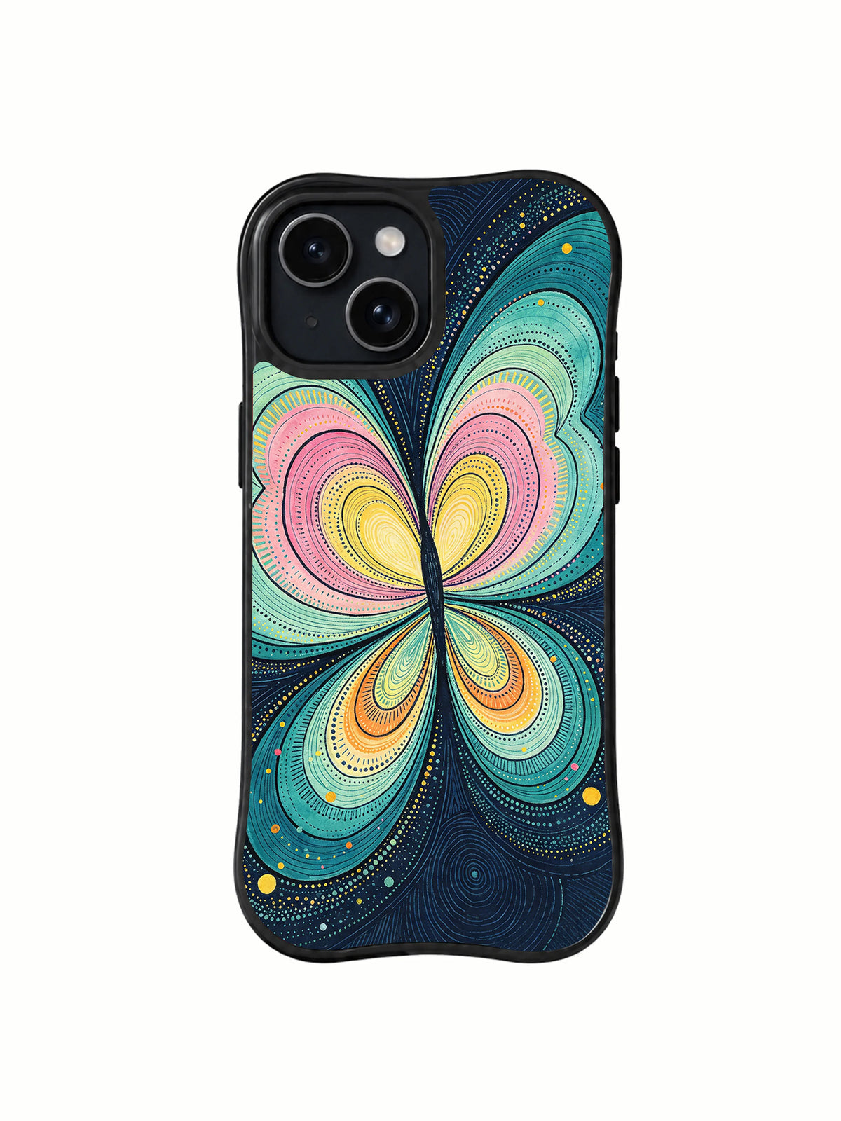 Midnight Butterfly Cipher iPhone 15 case with turquoise pink and yellow nocturne art