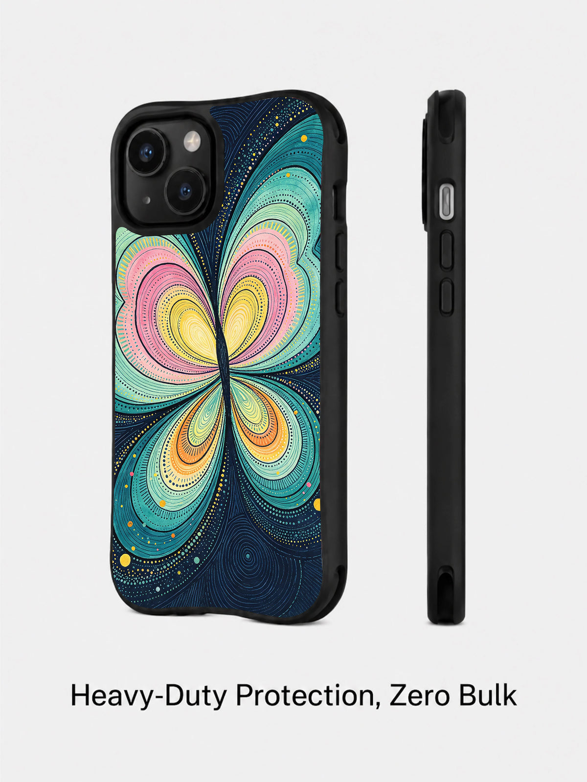 Midnight Butterfly Cipher artistic iPhone 15 case front view