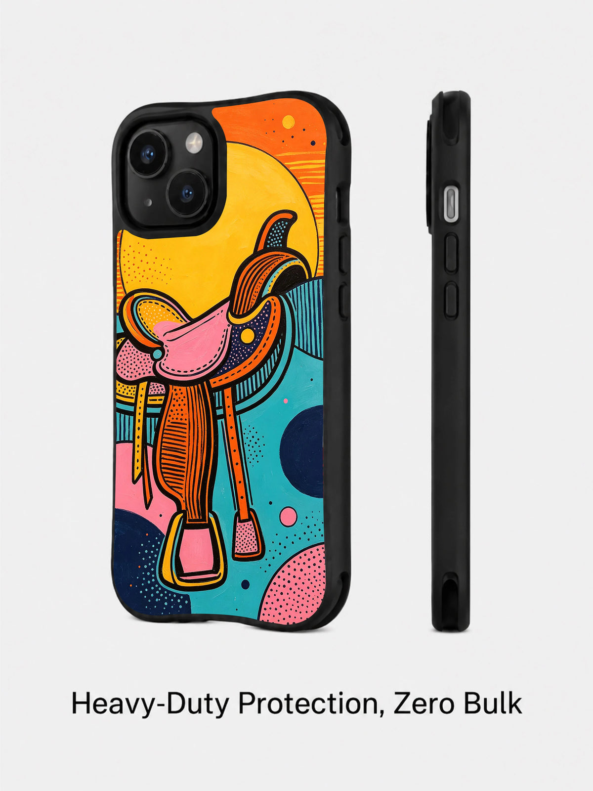 Abstract western art iPhone 15 case inspired by saddle curves and sunset heat
